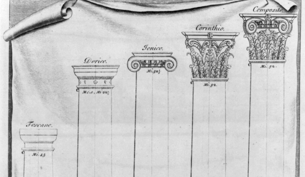 Five classical column capitals and the upper portions of their shafts, arranged from Tuscan through Doric, Ionic, Corinthian, and Composite. The drawing distinguishes the orders by their capital forms, from the plain Tuscan capital to Ionic volutes, Corinthian foliage, and the Composite combination of volutes and foliage.